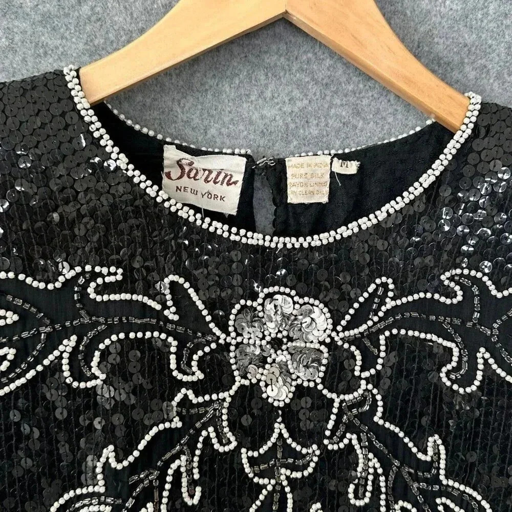 Vintage Sarin Sequin Top Womens S / M Beaded Black Silver Floral Silk 80s Blouse - Picture 5 of 15